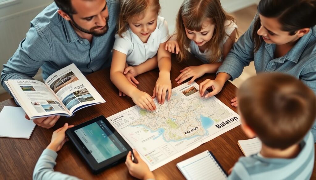 Familie plant Familienurlaub am Balaton mit Karte und Reiseführer